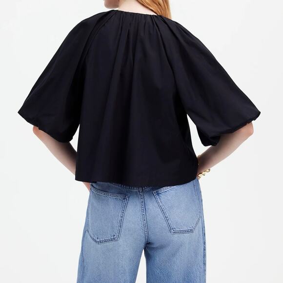 NWT Madewell Bubble-Sleeve Top In 100% Cotton Poplin True Black Size 4 - Picture 2 of 9